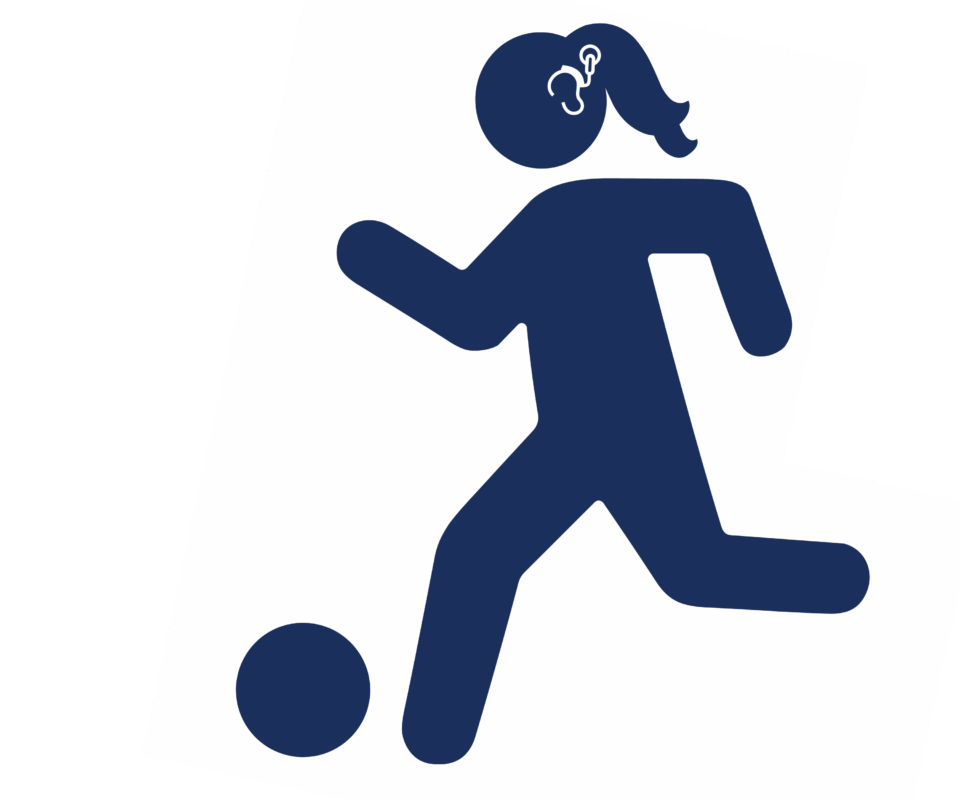 Blue icon of a female deaf player dribbling a ball