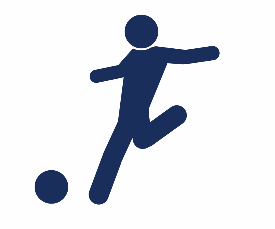 Blue icon of a soccer player kicking a ball