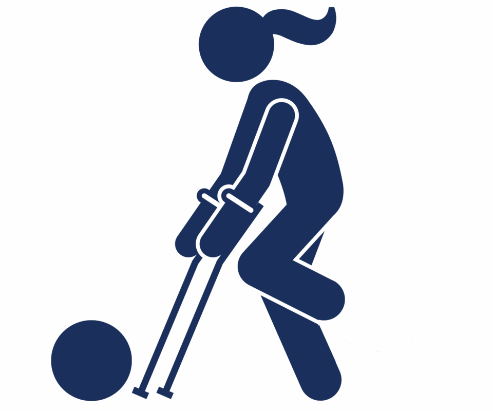 Blue icon of a female amputee soccer player, using forearm crutches and dribbling a ball