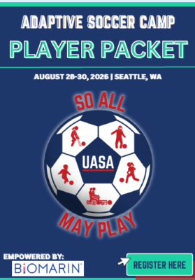 Front cover of the UASA 2026 National Adaptive Soccer Camp packet, featuring the UASA logo and Seattle green and blue branding