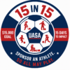 15 in 15 UASA campaign graphic promoting a $15,000 fundraising goal in 15 days to sponsor athletes, featuring adaptive soccer players around a soccer ball and the message ‘Sponsor an Athlete. So All May Play.