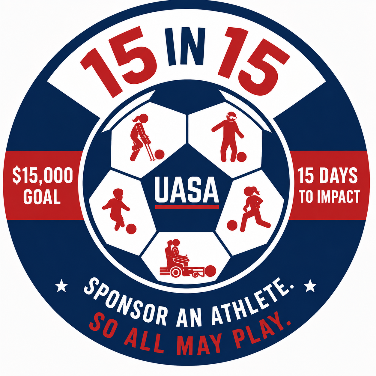 15 in 15 UASA campaign graphic promoting a $15,000 fundraising goal in 15 days to sponsor athletes, featuring adaptive soccer players around a soccer ball and the message ‘Sponsor an Athlete. So All May Play.